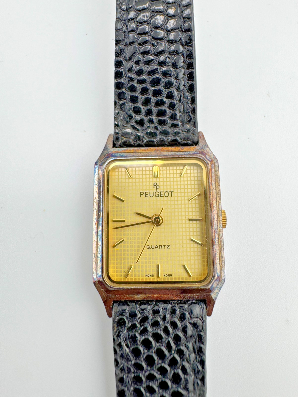 Peugeot Quartz Men's Gold Tone Watch Tank Style Reptile Leather Band Hong Kong